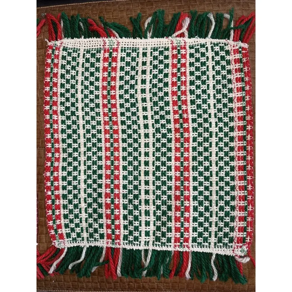 Vintage Handmade Crocheted Christmas Large Hot Pad Trivet Green Red Placemats